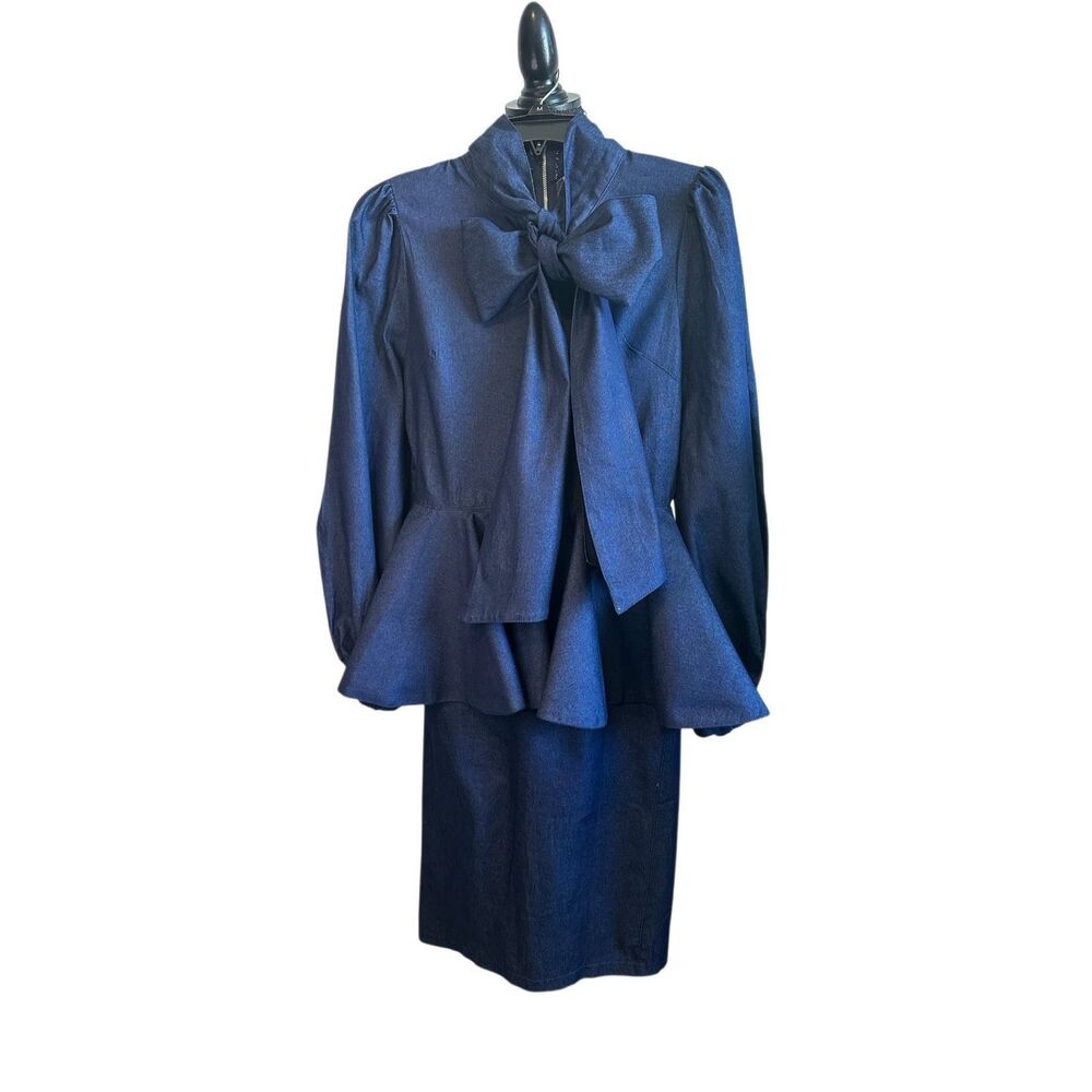 Eien Blue Jean Puff Sleeve Peplum Stretch Bow Neck Tie Dress